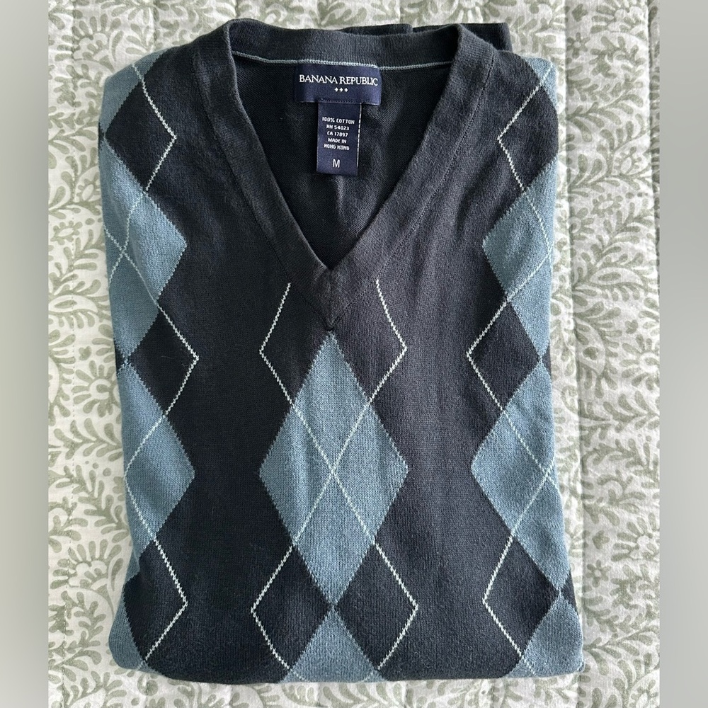 Men's Banana Republic Cotton V-neck Argyle Sweater long sleeves - Picture 2 of 6